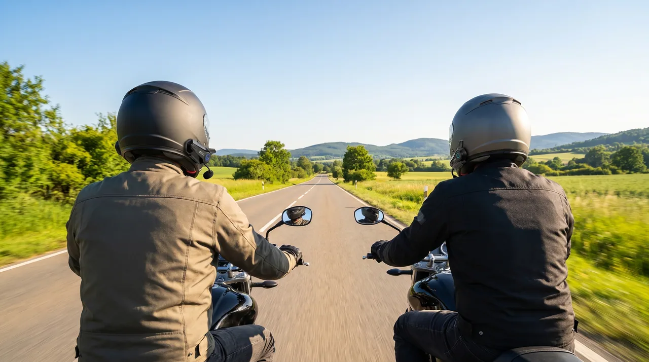 Deux motos sur une route ensoleillée vues de dos, plan large, en plein jour