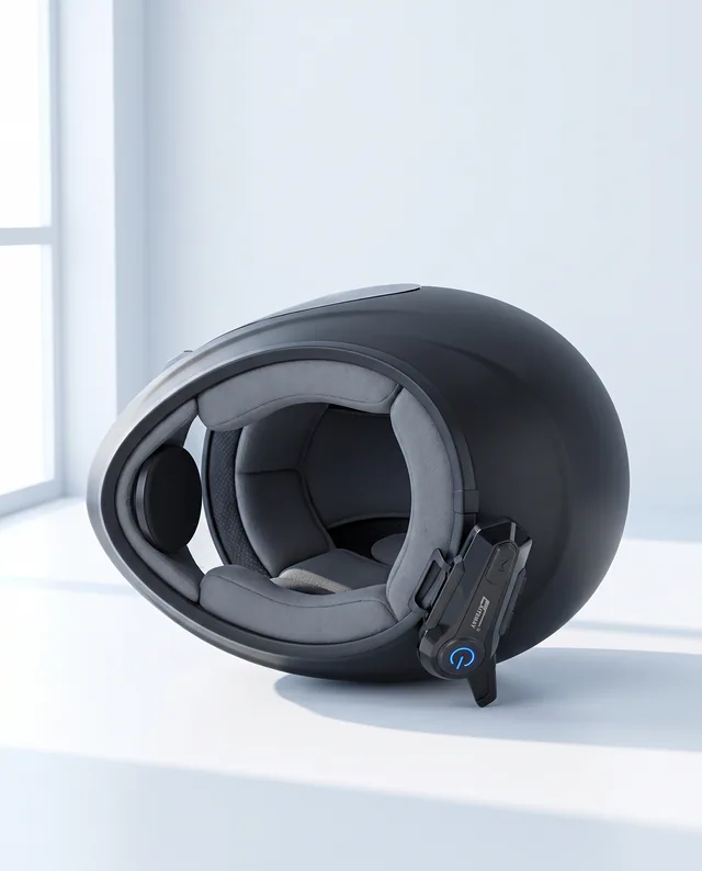 Casque intégral noir mat posé sur le côté en studio lumineux, vu par son ouverture : haut-parleur plat dans le logement d'oreille de la mousse, boîtier clipsé sur le bord inférieur de la coque, sans personne