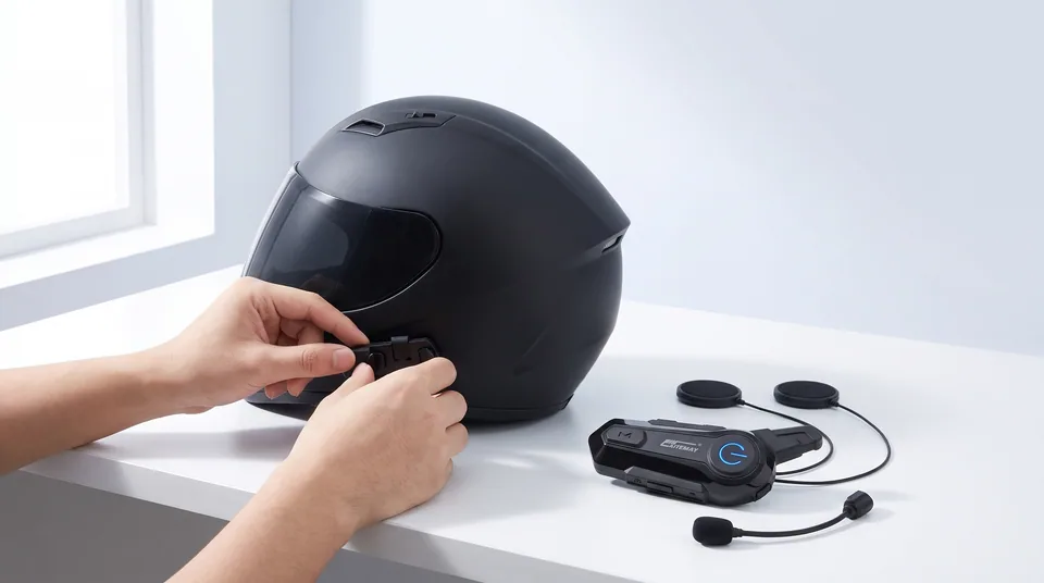 Mains fixant la base à clip sur le bord gauche d'une coque de casque, sur un établi blanc en plein jour