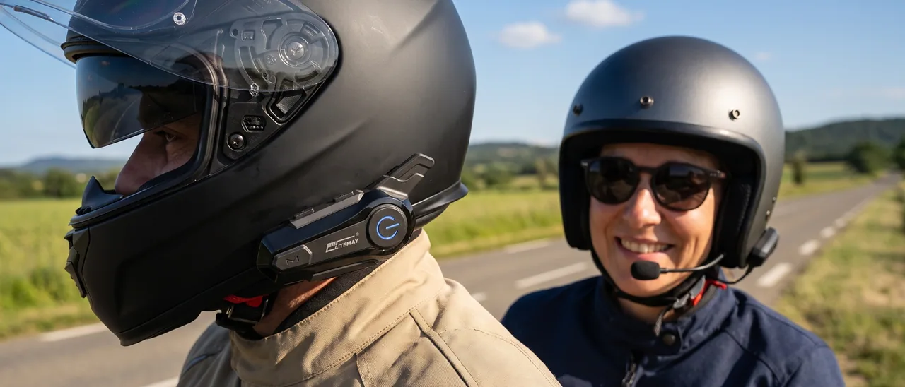 Deux motards sur deux motos sur une route de campagne ensoleillée, l'un devant l'autre, plan large en plein jour
